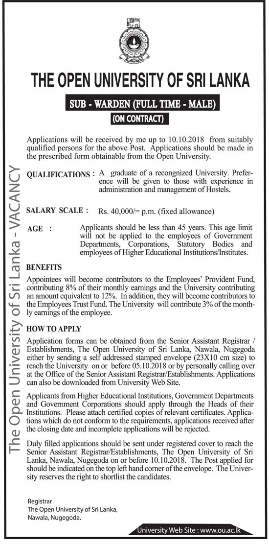 Sub Warden (Male) - The Open University of Sri Lanka